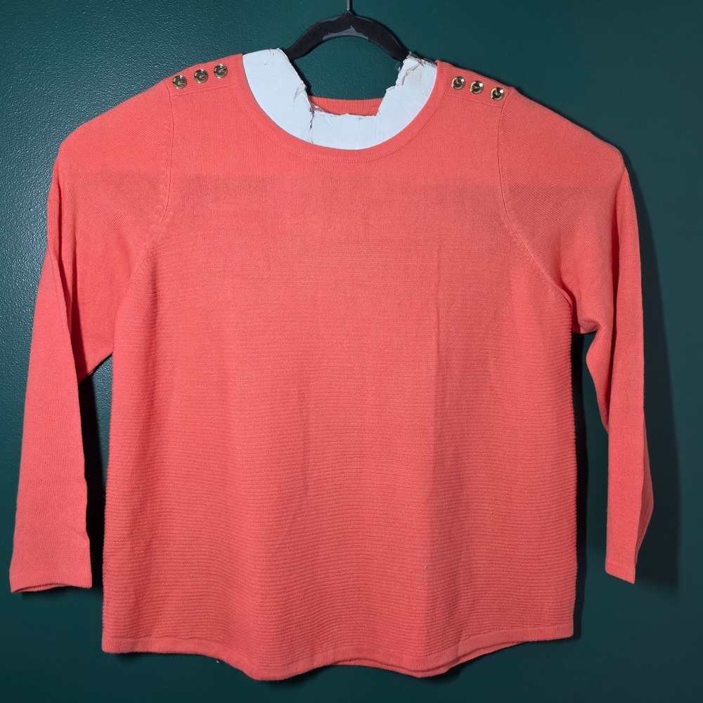 Croft & Barrow Womens 1X Coral Orange Ribbed Knit Sweater Gold Shoulder Buttons